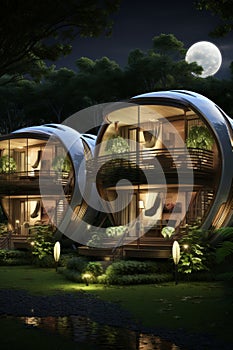 Modern sustainable home exterior showcasing futuristic architecture with distinctive arched design