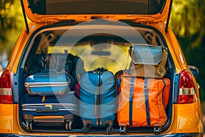 modern SUV car trunk open and full of suitcases and bags to return from summer holidays