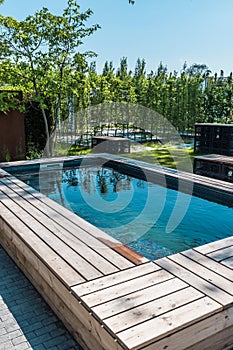 Modern swimming pool with wooden surround in a garden