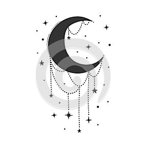 Modern symbol of the crescent moon with decorations, stylized drawing, engraving. Vector illustration isolated on white