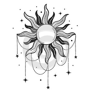 Modern symbol of the sun with jewelry, stylized drawing, engraving. Vintage mystical design in boho style, logo, tattoo