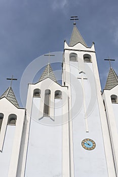 Modern Szentlelek Holy Spirit church in Heviz Hungary with blue color