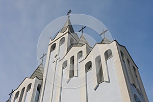 Modern Szentlelek Holy Spirit church in Heviz Hungary with blue color