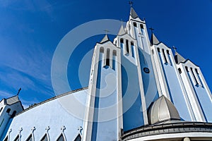 Modern Szentlelek Holy Spirit church in Heviz Hungary with blue color