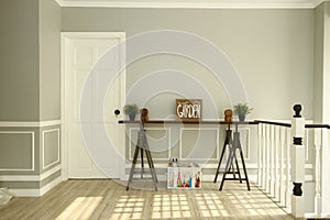 Modern table at top stair landing, light and breezy feel