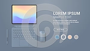 Modern tablet computer with keyboard mouse pen and colored screen realistic mockup gadgets and devices