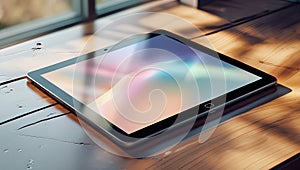 Modern Tablet on Wooden Table with Sunlight