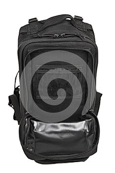 Modern tactical backpack with zippers and additional pockets. Large secure bag. Isolate on a white back