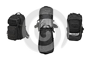 Modern tactical backpack with zippers and additional pockets. Large secure bag. Isolate on a white back