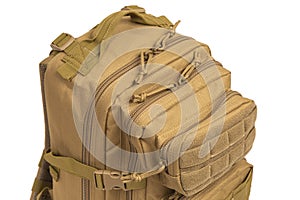 Modern tactical backpack with zippers and additional pockets. Large secure bag. Isolate on a white background