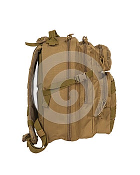 Modern tactical backpack with zippers and additional pockets. Large secure bag. Isolate on a white background