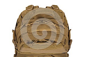 Modern tactical backpack with zippers and additional pockets. Large secure bag. Isolate on a white background