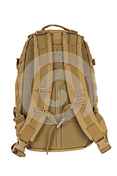 Modern tactical backpack with zippers and additional pockets. Large secure bag. Isolate on a white background