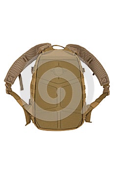 Modern tactical backpack with zippers and additional pockets. Large secure bag. Isolate on a white background