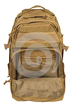 Modern tactical backpack with zippers and additional pockets. Large secure bag. Isolate on a white background