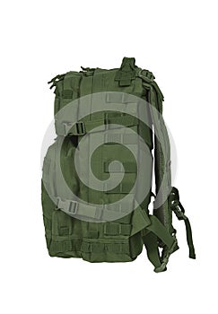 Modern tactical backpack with zippers and additional pockets. Large secure bag. Isolate on a white background