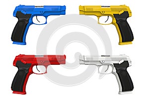 Modern tactical hand guns in blue, red, yellow and white colors