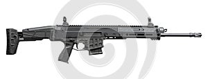 Modern tactical semi-automatic rifle isolated on white back