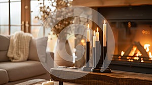 A modern take on a traditional fireplace with sleek and slender taper candles on a wooden mantle. 2d flat cartoon photo