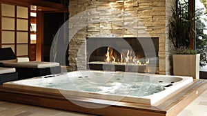 A modern take on the traditional fireplace the spas centerpiece features clean geometric lines and a mesmerizing fire