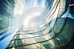 Modern tall building with futuristic design, abstract curve shapes, glass, sun and sky. Low angle of city towers, wavy geometric