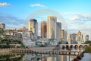 Modern tall buildings and bridge, Guiyang city landscape, China