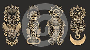Modern tattoo set with Mayan-Aztec patterns, tribal elements of Mexican-Mesoamerican culture with dragons, leopards photo