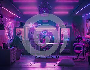 modern tattoo studio background, pink lights, underground style