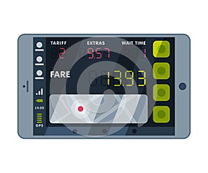 Modern Taximeter Device, Calculating Equipment for Taxi Service, Electronic Measurement Appliance Vector Illustration on