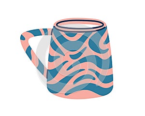 Modern tea mug with abstract pattern. Ceramic coffee cup with handle. Cute teacup. Stylish trendy drink crockery in