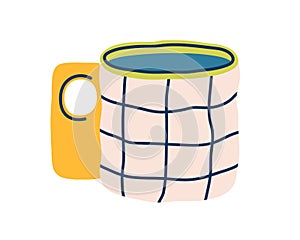 Modern tea mug with chequered pattern. Ceramic coffee cup with unusual handle. Cute teacup with decor. Stylish drink