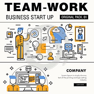 Modern team work pack. Thin line icons business works.