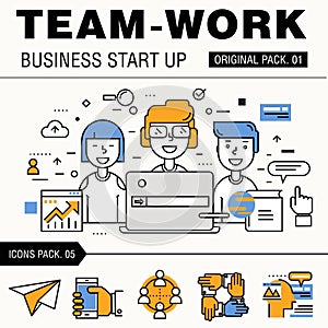 Modern team work pack. Thin line icons business works.