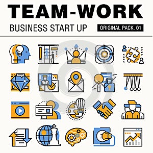 Modern team work pack. Thin line icons business works.