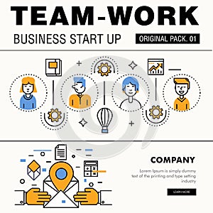 Modern team work pack. Thin line icons business works.