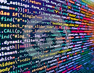Modern tech. Abstract technological background with digits and lines. Program code PHP HTML CSS of site. Abstract screen of web