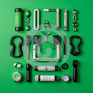 Modern Tech and Adventure Gear Flat Lay on Green Background