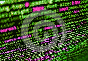 Modern tech. Computer programming source code. Hi-tech modern screen of data, digits and chars on monitor. Code on dark background