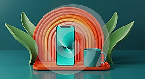 Modern tech display with organic elements and coffee