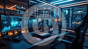 Modern tech office with multiple monitors displaying data analytics and code