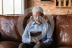Serious old age male sit on sofa use electronic touchpad photo