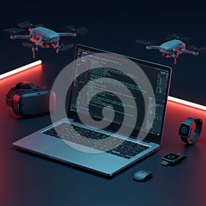 A modern tech setup features a laptop displaying lines of code on its screen.