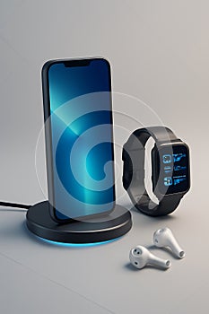Modern Tech Setup with Smartphone, Smartwatch, and Wireless Earbuds