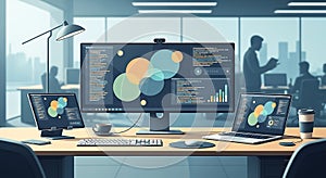 Modern Tech Workspace with Data Visualization
