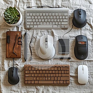 Modern Tech Workspace Flat Lay with Keyboards and Mice