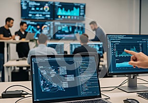 A modern tech workspace with multiple people engaging in