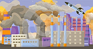 Modern technogenic accident nuclear pollution, environmental contamination smoke air flat vector illustration