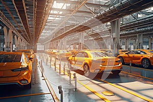 Modern technological car factory. Automated assembly line. Generative AI