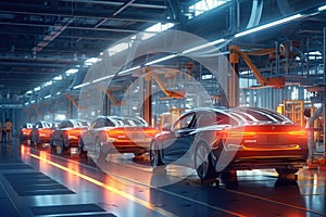 Modern technological car factory. Automated assembly line. Generative AI