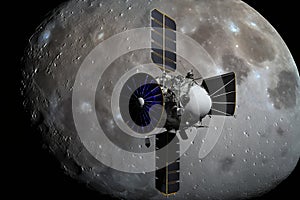 A modern, technologically advanced artificial satellite against the backdrop of Planet Mercury photo